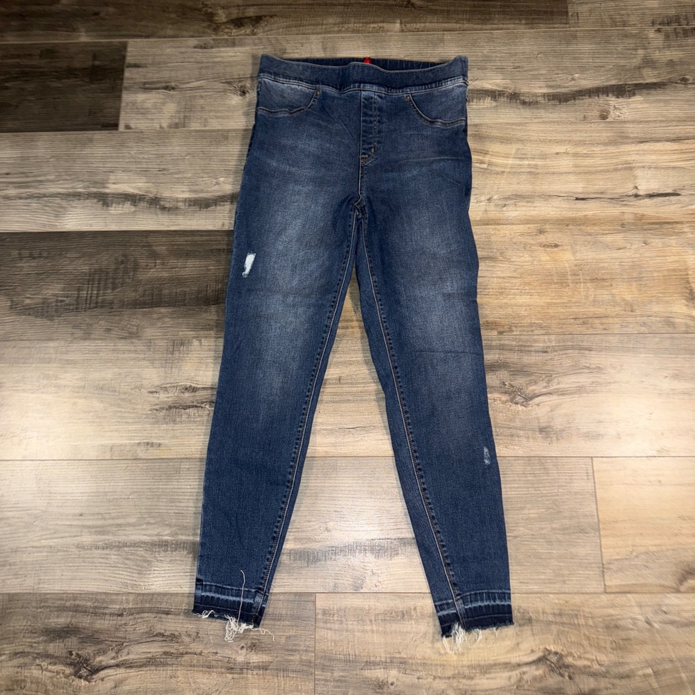 SPANX Distressed Skinny Jeans Womens‎ Large Pull On Dark Wash Stretch Denim